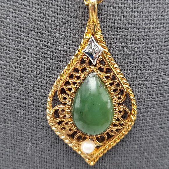 Vintage Genuine Jade Cultured Pearl Pendant Necklace Pat Pend 1970s - Picture 2 of 9